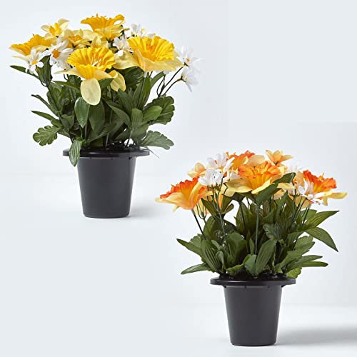 Homescapes Kunstblumen Narzissen und Margeriten im Topf im 2er-Set, gelb-orange-weiß mit Blumenverteiler 30 cm, Künstliche Grabblumen wetterfest