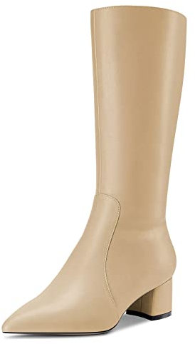 Castamere Donna Chunky Blocco Medio Tacco Heel a Punta Metà polpaccio Cerniera Stivali da Matrimonio Cute 5 CM Heels Beige 35 EU