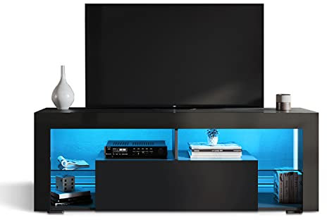 SONNI TV-Schrank, TV Board Schwarz, mit LED Beleuchtung, Fernsehtisch Hochglanz, Lowboard mit Glasregal, Klapptür, Griffloses, Sideboard, TV-Regal für Fernseher bis zu 65 Zoll,140x35x50,5cm.