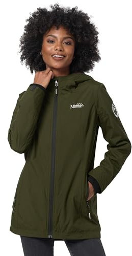 MARIKOO Übergangsjacke Damen (XS-XXL) - Atmungsaktiv, Innen Samtweicher Stoff, Kapuze, Winddicht - leichte Jacke lang - Stehkragen, 3 Taschen, verlängerter Zipper - Olive L