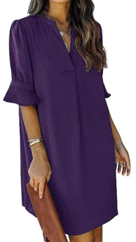 JOCAFIYE Sommerkleid Für Frauen Sommer Tunika Kleid V-Ausschnitt Lässig Locker Flowy Swing Shift Kleid Lila L