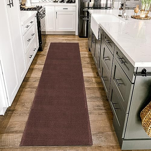 HomebyHome Kurzflor Teppich Läufer Flur 80 x 250 cm Braun - Waschbarer Teppich für Schlafzimmer, Wohnzimmer und Ideal als Küchenteppich - Flauschiger Teppich Extra Weich, Einfarbig, rutschfest, Klein