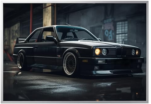 Printonia Leinwand-bild 140x100cm BMW 3 M3 e30 Abstrakt Art Sportwagen Bilder Dekoration Wandbild Kunstdruck Automobil Deko Silber Aluminiumrahmen
