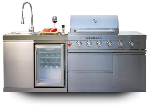 GORILLER® SG213 - Cucina per esterni, in acciaio inox/argento, con girarrosto e parapioggia
