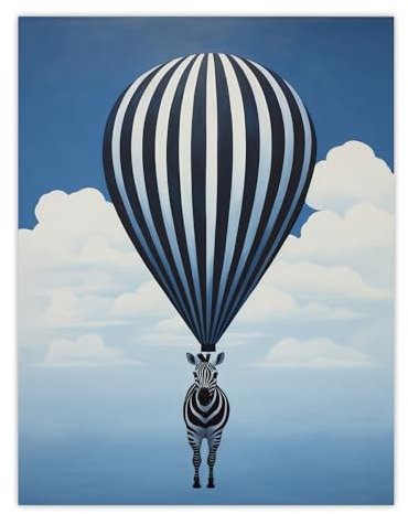Wee Blue Coo Surreal and Stripes Zebra Balloon Adventures Over The Clouds Blue Black White Oil Painting Unframed Wall Art Print Poster Home Decor Premium