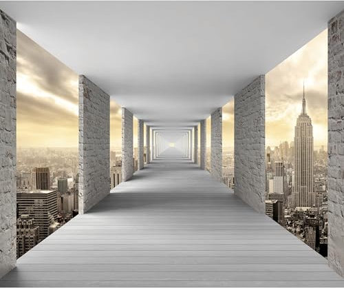 decomonkey - Papier Peint Panoramique 3d Effet New York 350x256 cm - Décoration murale moderne – Tapisserie décorative pour chambre salon - Architecture brique couloir ciel new york lumière ville