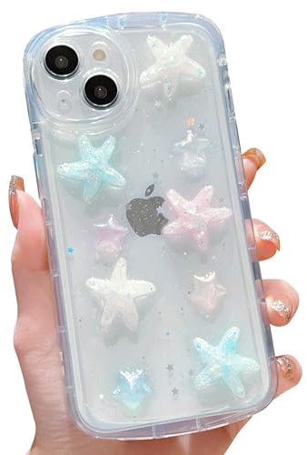 HZLFCZL Compatible with iPhone 15 Plus Case cute cartoon glitter 3D color starfish stars crystal clear pattern design aesthetic kawaii transparent sparkly Phone Case for women girls-Starfish