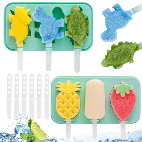 Eisformen Eis am Stiel, 2 Stück Silikon Eis am Stiel Eiscreme Cakesicle Formen, Kinder DIY Eisform mit Stiel BPA Frei Wiederverwendbar, Kreative Hausgemachte Dinosaurier Früchte Form (B)