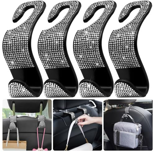 Anwlki Bling Kopfstützenhalterung Auto Haken 4 Stück Strass Auto Haken für Damen und Mädchen, Frauen Auto Kopfstütze Haken Zubehör für Geldbörse, Tasche, Handtasche usw (Silber)