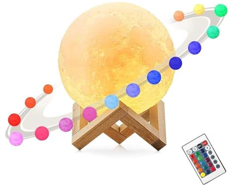 HUKITECH - 3D-Mond-Nachtlicht mit Fernbedienung, Mehrfarbiges RGB-Farblicht, Kugeldurchmesser-14 cm