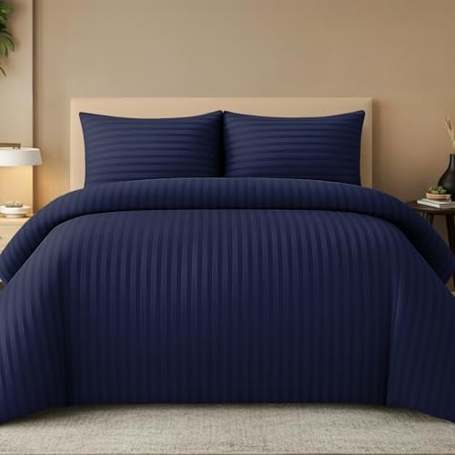 Pamposh Bettbezug-Set mit geprägten Streifen – Premium Hotelqualität Bettwäsche-Set – Hypoallergene, ultrasofte Mikrofaser-Bettwäsche (Marine, Single (135 x 200 cm))