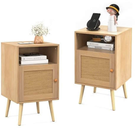 COSTWAY Table de Chevet avec Porte Cannage et Pieds en Bois Massif, Table de Nuit Bohême, Fermeture Silencieuse, Table d'Appoint ave pour Salon, Chambre, 40 x 39 x 70 cm (2)