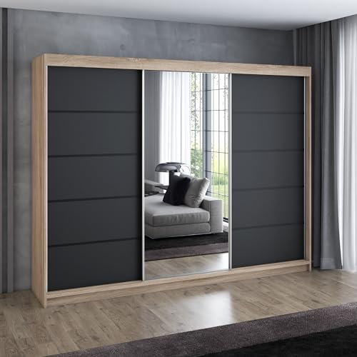 A&J MöbelLand Schwebetürenschrank VILANO 2, 3-türig Schrank 200 cm Kleiderschrank mit 4 Schubladen, und Spiegel (Weiß, Schwarz, Somona) (Sonoma/schwarz/schwarz)