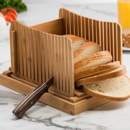 Brotschneider aus Holz, verstellbar, faltbar, Schneideführung, Schneiden von Brot mit Auffangschale für Brot, Obst, Gemüse und andere Lebensmittel (Wave)