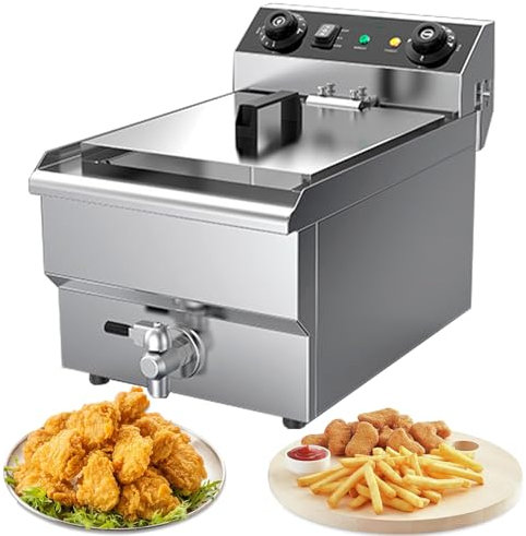 16 L Freidora Eléctrica Comercial, 6000W, acero inoxidable, freidora industrial hosteleria con 2 Cestas para Freír Tapas Temperatura Ajustable 20℃-190℃ drenaje de aceite extraíble-8L