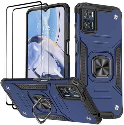 KANSi Case for Motorola Moto E22 / E22i, Tempered Glass [2 Pack] Protective Silicone TPU Shockproof Tough Armor Hard Cover - Blue