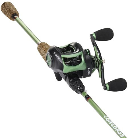 One Bass Angelrutenkombinationen, 30 Tonnen Kohlefaser-Rohlinge, Wurfruten, 8,1:1 Übersetzung, Angelrolle, 2-teiliges Baitcast-Kombi mit Gummikorkgriff- Linkshänder 1,8M