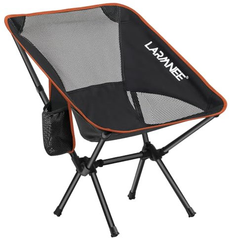 LARMNEE Campingstuhl faltbar 120 kg belastbar Tragbarer Camping Stuhl Ultraleichter Packmaß Kleiner Klappstuhl mit Tragetasche für Outdoor, Picknick, Schwarz und Orange EBY02LC02