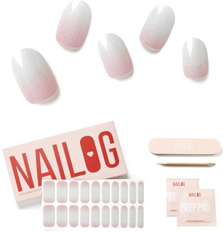 Ongles en Gel UV Semi Durci - 20 Pcs NAILOG Autocollants auto-adhésifs de vernis à ongles,lampe UV/LED requise, autocollants pour Nail Art,idee cadeau femme, French Gleam