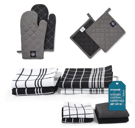 Encasa XO Küchen- und Geschirrtücher – Ofenhandschuhe – Topflappen-Set mit 12 Stück – Reine Baumwolle – Geschirrtücher Graue Kombination