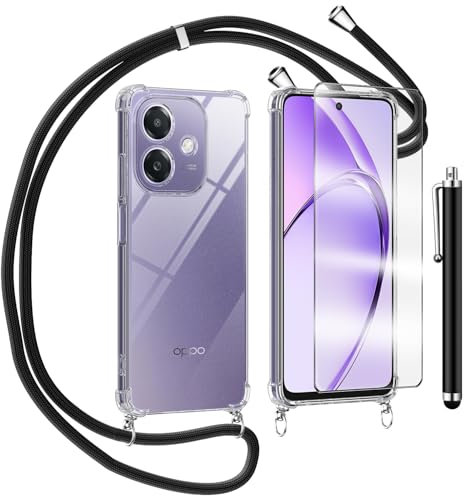 TTSWJBD Funda con Cuerda para OPPO A40 / A40M / A60 5G y Cristal Templado Protector de Pantalla,Transparente Suave Silicona Carcasa, Ajustable Cordon Collar Colgante Antigolpes Case, Negra