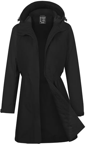 ATLASLAVA Regenmantel Damen Regenjacke wasserdicht Lang mit Kapuze Gefütterte Mantel Windbreaker Leicht Outdoor Jacke Schwarz M