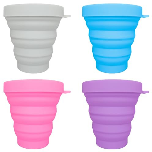 LoNinLoAn Vasos plegables de silicona, 4 vasos plegables con tapa, sin BPA, reutilizables, tazas de viaje plegables para picnic, camping, senderismo al aire libre (gris, azul, rosa, morado)