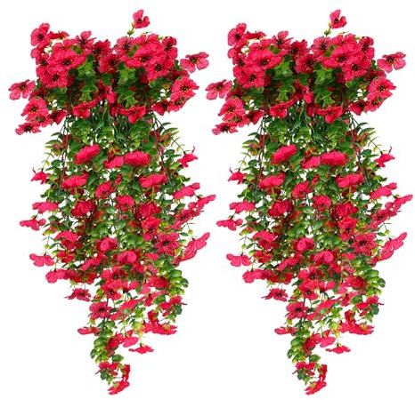 HBell Lot de 4 fleurs artificielles à suspendre, résistantes aux UV, plantes tombantes pour mur, maison, jardin, cour, terrasse, mariage, décoration intérieure et extérieure (rose rouge)