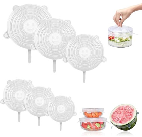 6 Pack Silicone Stretch Lids, 6 Different Sizes Reusable Container Cover, Zero Waste, Round Expandable Food Storage Covers Fit Various Shape of Containers Lids for Jars Bowls Cups Bottles Cans
