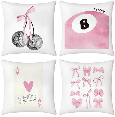Onperpoe 4 Stück Dekorative Kissenbezüge für Mädchenzimmer, Rosa, 45 x 45 cm, Blumig, Gepunktet, Chevron, Herz und Schleife in Aquarell-Optik, Innen, Raumdekoration, Geschenke, Mädchenzimmer, Geschenk