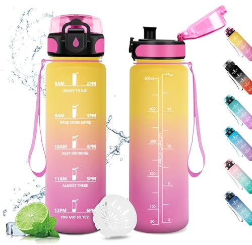 Trinkflasche 500ml, Sport Trinkflasche Kohlensäure Geeignet, Wasserflasche Auslaufsicher, Trinkflasche Fahrrad mit Zeitmarkierung und Filter, für Kinder, Outdoor, Camping, Büro, Sport, Fitness