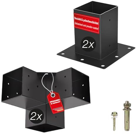 SOTECH Anbau SET 4-tlg (2x Eckverbinder + 2x Bodenhülse) vierkant 90 x 90 mm Stahl verzinkt und schwarz pulverbeschichtet für höchsten Korrosionsschutz, Verbinder für Alu und Holz-Konstruktionen