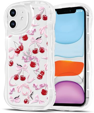 Phoona Bow Cherry Case for iPhone 12 6,1, Cute Curly Wave Girly Preppy Aesthetic Design Wavy Pattern, Clear Phone Case Anti-Yellowing Protective Cover for Girls Women, Pink02