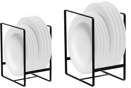 SuQurtom Metal Plate Rack Organiser 2 Pack - Vertical Dish Storage Holder for Kitchen Cupboard Countertop Cabinet, Rustproof Plate Drying Stand for Plates Bowls Lids, Black (2 Sizes Included)
