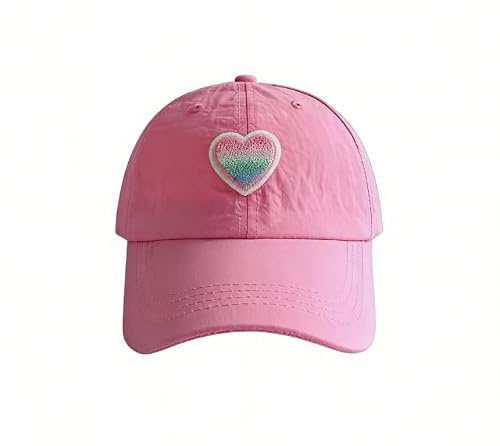 JIAHG Mädchen Baseball Cap, Süße Schirmmütze mit Regenbogen Herz-Stickerei, UV-Schutz Einstellbare Basecap Schnelltrocknend Sonnenhut für Outdoor Sport Freizeit, Kinderhut für 3-8 Jahre