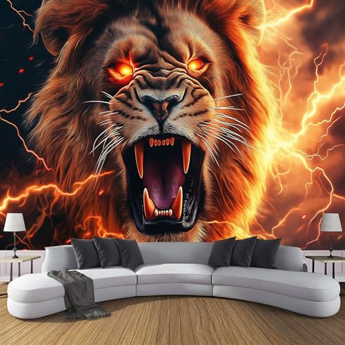 Fototapete Wilder Löwe Fantasieblitz 150X105Cm - Für Schlafzimmer Wohnzimmer Flur Tapete Wandtapete Seidetapete Motivtapeten Montagefertig Panorama Bilder Dekoration