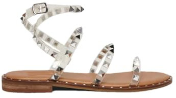 Damen-Sandalen mit Schnallenriemen, Riemen vorne, hinten, flacher Absatz, offene Seite, Vamp Basic Sandalen, PU-Obermaterial, Nietendetails, leichte Sommersandalen, Sandalen Square Nail, 42 EU