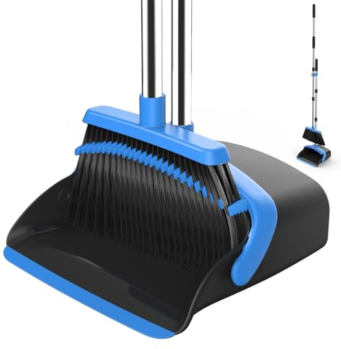 NACENA Broom and Dustpan Set with 52-in Long Adjustable Handle, Black Blue | Broom Dustpan Combo with Dustpan Teeth to Automatically Clean Hair Suitable for Home Kitchen Office Hall Floor