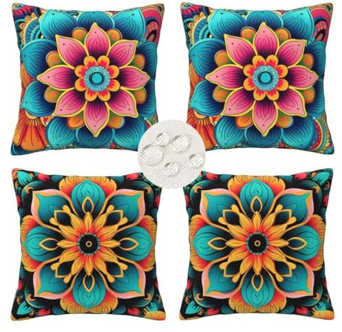 Outdoor Kissen 40x40 cm 4er Set Wetterfest Kissenbezug Türkis Grün Kissenbezüge Atmungsaktiv Leinen Dekokissen Boho Outdoorkissen Dekokissen für Outdoor Balkon Terrasse Garten Bauernhaus Dekor -LI413