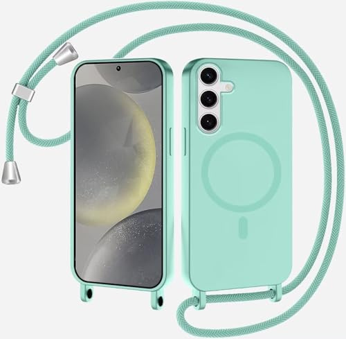 FMPCUON Magnétique Coque avec Cordon pour Samsung Galaxy A15, [Compatible avec MagSafe] Etui Collier Réglable Téléphone Étui Portable Lanyard Case Protection Complète Cover,Vert Clair