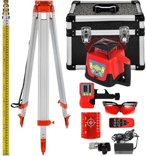 360° Rotary Laser Level Kit 500m Range Beam with Rod & Staff Automatic Red Rotating Laser Level Self-Leveling Precision Measuring Tool Construction and Layout Ideal for Indoor & Outdoor Projects