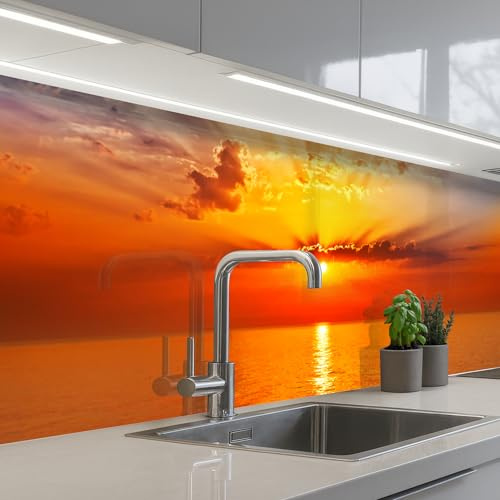 KitchenYeah© Küchenrückwand Selbstklebend Küchenspritzschutz Rückwand | 60x200 cm - Wandschutz Ohne Bohren Spritzschutz Wand Wandverkleidung Sonnenuntergang - Meer - Himmel - Orange - Wasser