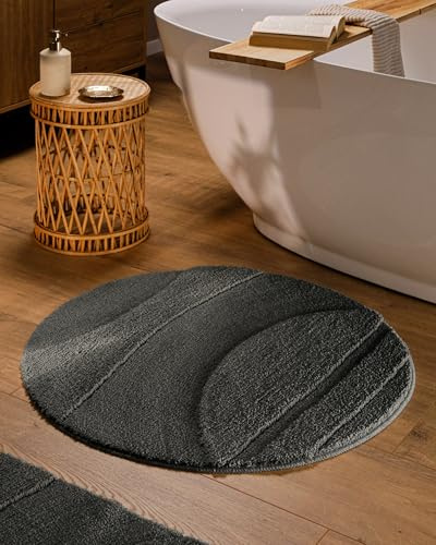Wecon Home Badteppich Marc, 80 cm rund, anthrazit grau | Hoch-Tief-Effekt, waschbar 30°C, rutschhemmend