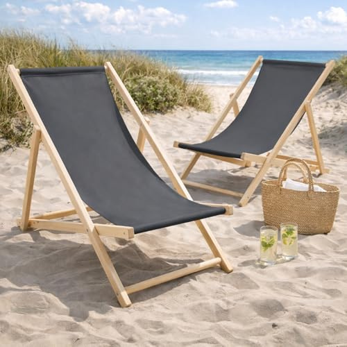 HAGO24 Strandliege Anthrazit 5er Set Sonnenliege Gartenliege Liegestuhl Klappstuhl Holz Kiefernholz Polyester 3fach verstellbar faltbar Balkon Terrasse 120kg
