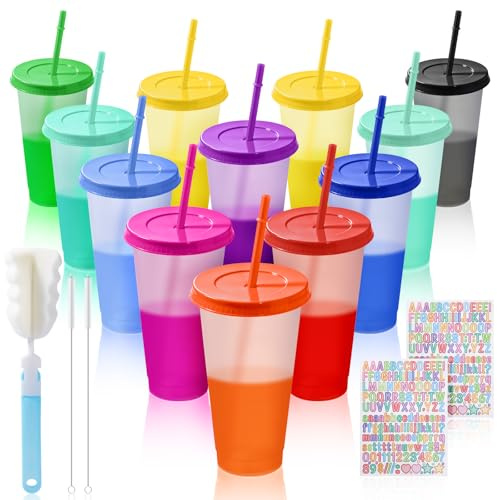 LHOEST Vasos con Tapa y Pajita Plastico 12PCS Duro Vasos Plastico con Tapa | 710ML 24OZ Vasos con Tapa para Niños Adultos Reutilizables Cambian de Colors Vasos con Cepillar Pegatinas para Fiestas