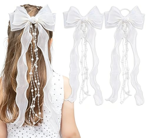 FOSDICK 2 Pezzi Fiocco Capelli Donna, Bianco Fiocchi per Capelli con Perle, Mollette Capelli Donna con Nastro Lungo in Tulle, Velo Sposa Addio al Nubilato per Donne Ragazze, Compleanni, Feste Nuziali