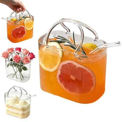 FUFRE Glas Handtasche für Getränke, Handtaschen-Trinkglas, Glas Tasche für Aperol, Trinkglas im Handtaschen-Design, Glasbecher in Handtaschenform mit Strohhalm | Für Party, Hochzeit & Feiertage (A)