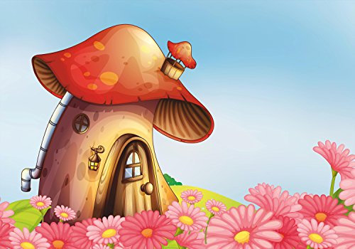 wandmotiv24 Fototapete Kinderzimmer Pilzhaus Blumen, XS 150 x 105cm - 3 Teile, Wanddeko, Wandbild, Wandtapete, Wiese, Comic, Sommer, Pilz M0502