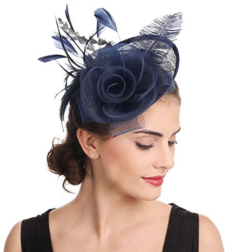 Sinamay Fascinator mit Blumenfedern, Kopfbedeckung, für Hochzeit, Party, Hochzeit, Cocktail, Teeparty, Derby-Hut für Damen, A4, Marineblau Sinamay, M