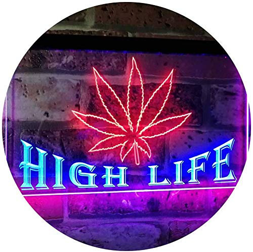 Marijuana Hemp Leaf High Life Dual Color LED Barlicht Neonlicht Lichtwerbung Neon Sign Blau & Rot 600 x 400mm st6s64-0403-br